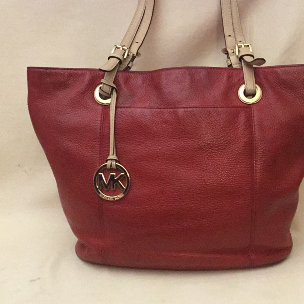 Michael Kors Red Leather Tote with Beige Straps and MK Charm
